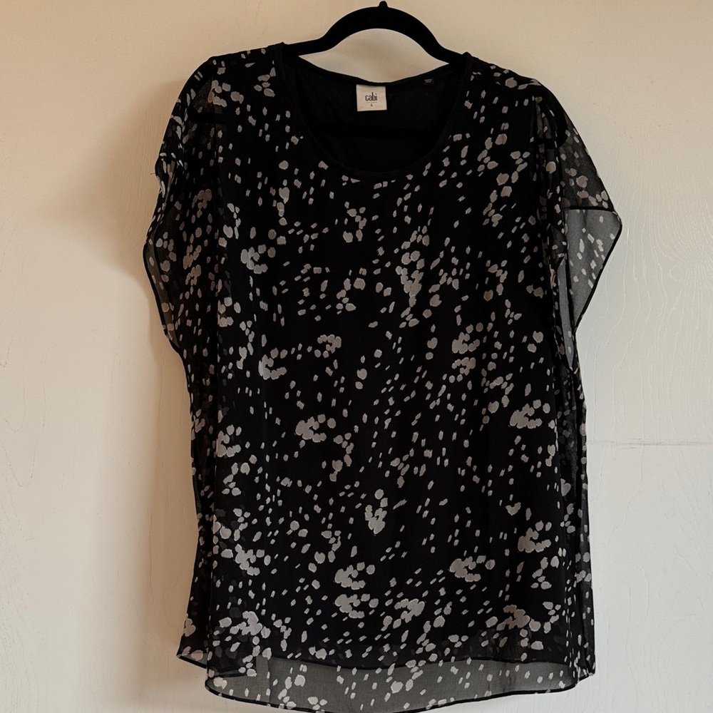 CAbi Black Sheer Overlay Blouse with White Speckle Print